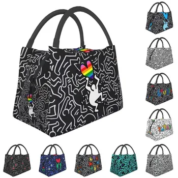 Street Geometric Pop Art Haring Keiths hőszigetelt uzsonnás táskák Női hordozható Uzsonnás táskák Kültéri tárolás Étkezés Élelmiszer doboz