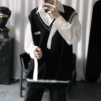 Férfi ruhák Mellény Kötött pulóverek férfiaknak Csíkos fekete ujjatlan ikon mellény Koreai divat kötöttáru pulóver Új S-ben