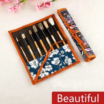 Ceruza táska kalligráfia ecset toll Gördülő függöny Kínai tinta festő ecsettartó Egyszerű hordozható vászon író ecset toll tok