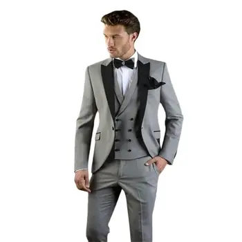 Grey Mens Slim Fit esküvői szmokingok 3 részes fekete csúcsos hajtókás férfi formális öltöny szett egy gomb úriember dohányzó blézer