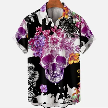 Vintage férfi ing 3d koponya nyomtatás nyári férfi ruházat laza túlméretezett ing napi alkalmi rövid ujjú felsők puha hawaii ing