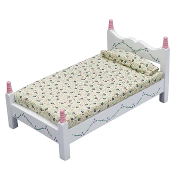 1/12 Babaház fa egyszemélyes ágy Miniatűr hálószobabútor szimuláció Mini egyszemélyes ágy Gyerek babaház bútor játék