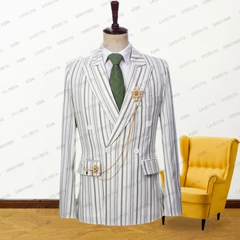 2023 Új nyári férfi kabát Slim Fit alkalmi divat Világoszöld függőleges csíkmintás vászon szett Vőlegény esküvői parti kabát