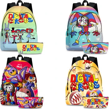 Hot Cartoon A csodálatos digitális cirkuszi hátizsák gyerekeknek Fiú lányok gyerek könyvtáska Ceruza tok Anime hátizsákok vászon iskolatáska
