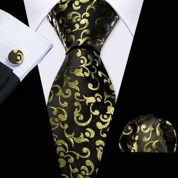 Arany fekete férfi nyakkendő zsebes szögletes mandzsettagombos készlettel Klasszikus virágos selyemöltöny nyakkendő férfi hivatalos tervezői partira Barry.Wang