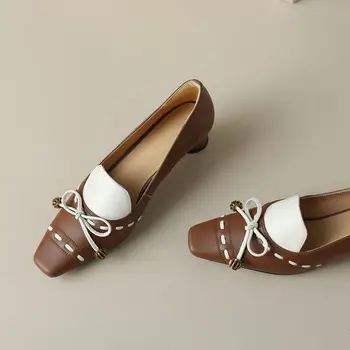 Kényelmes természetes valódi bőr női sarok cipő Színes mozaik pillangó-csomó Divat Sweet Club Party Magas sarkú cipő