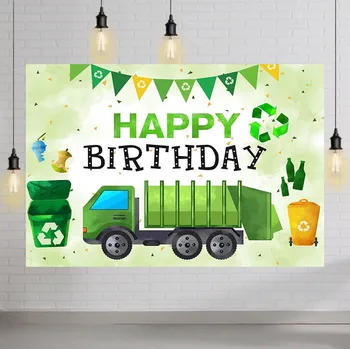  Szemeteskocsi Boldog születésnapot Háttér Fiú Bang Bumm Crash Dump Everything Ünnepelje a születésnapot Zöld és kék háttér party