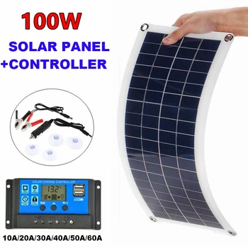 100W napelem készlet 12V / 5V kettős USB napelem poli szolár kártya 10-60A vezérlő outdroor akkumulátor tápellátású napelemes töltővel