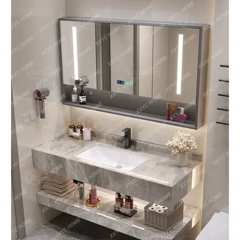 Egyszerű fürdőszobaszekrény kombináció fényes kőlemez kerámia munkalap kétrétegű WC mosdó