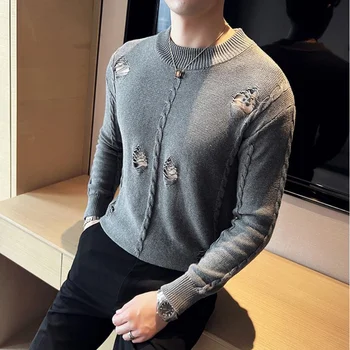 2023 Férfi téli kiváló minőségű lyukdekoráció alkalmi kötött pulóver férfi slim fit pulóver utcai ruházat alapszín 4XL