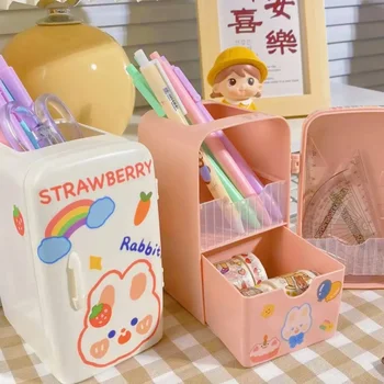 Aranyos mini hűtőszekrény alakú tolltartó asztali rendszerező doboz rajzfilm lány írószer nagy kapacitású irodai tároló ingyenes matrica