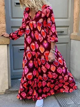 Női vintage laza mintás alkalmi maxi ruha elegáns hosszú ujjú V nyakú vestidos őszi női divat ünnepi utcai ruhák