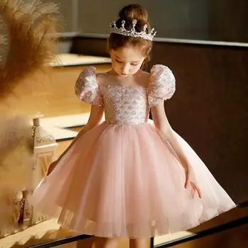 Baba spanyol Lolita hercegnő báli ruha Flitteres puffos ujjú design Születésnapi keresztelő party Húsvéti Eid ruhák lányoknak A2750