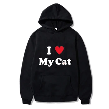 I Love My Cat pulóver Aranyos grafikus kapucnis pulóver nőknek/férfiaknak alkalmi divatpulóver Y2k Streetwear Téli meleg hosszú ujjú tini
