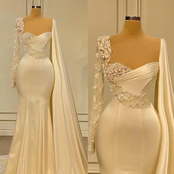 Elegáns sellő esküvői ruha gyöngyök Flitterek Illúzió menyasszonyi ruhák Hosszú ujjú köpeny folt egyedi készítésű