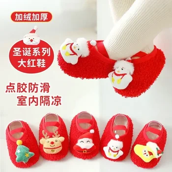 Baba karácsonyi cipők Őszi tél Megvastagodott Todder cipők Zokni Beltéri padlós cipők Csúszásmentes puha talp fiúknak és lányoknak