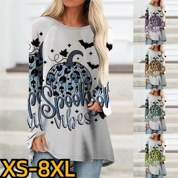 Elegáns póló Női kerek nyakú hosszú ujjú Hallowmas pólók Túlméretezett felsők 3D nyomtatás Pulóver Női divatruházat