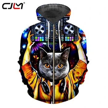 CJLM Unisex Hip Hop felsőruházat Tréningruhák Nyári Nők/férfiak 3D nyomtatás Zene Macska kapucnis pulóver Cipzáras kapucnis pulóver Cardigan kapucnival