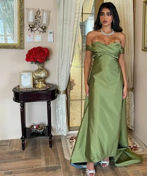 Elegáns hosszú zöld taft Muszlim estélyi ruhák redők sellő vállról cipzáras hát Abendkleid köntös de Soirée nőknek