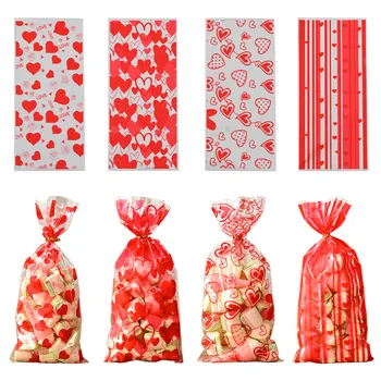 50Pcs Valentine Love Heart átlátszó műanyag cukorkás zacskók Süti csemege táskák esküvőre Születésnapi parti szívességek Ajándékok Finomságok táska