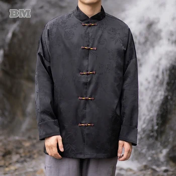 Kínai hagyományos ruha Plus size vintage növény virágos jacquard dzseki férfiaknak tavasz ősz etnikai stílusú fekete kabát férfi