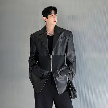 SYUHGFA férfi ruházat cipzáras PU bőrdzseki koreai 2024 őszi hajtóka patchwork karcsú derékú vállpárna kabát öltöny