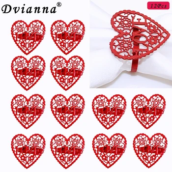 Dvianna 12Db Valentin-napi szalvéta gyűrűk Piros szív szalvétatartó Valentin-napra Esküvői asztaldíszek HWW05