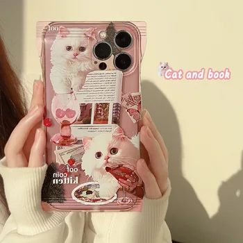 Sweet Retro Cherry koktél macska cica pop lányok átlátszó Phone tok iPhone 14 13 11 12 Pro Max 14 Plus tokhoz Aranyos tok