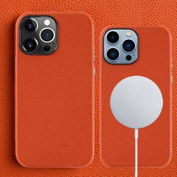 Valódi marhabőr bőr tok iPhone 14 Pro Max Plus 13 készülékhez Mágneses vezeték nélküli töltőkamera-gyűrű Teljes lefedettségű páncél hátlap