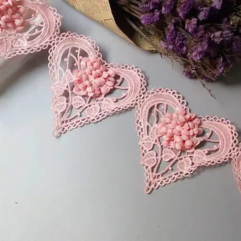 1 yard rózsaszín 3D szív pamut virág csipke díszítés hímzett csipke szalag kézzel készített esküvői ruha patchwork varrás kellékek