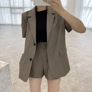 2 db/szett női blézer rövidnadrág szett formális rövid ujjú koreai irodai hölgy ingázási öltöny kabát rövidnadrág üzleti út találkozó ruhák