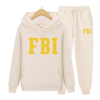 Őszi téli kapucnis pulóver+nadrág kétrészes készlet FBI nyomtatás Férfi női kapucnis pulóverek Tréningruhák Jogger nadrág vastag meleg ruhák Férfiak