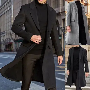 S-3XL Téli férfi kabátok Gyapjú Tömör hosszú ujjú dzsekik Polár Férfi kabátok Utcai ruházat Divat Hosszú árok Felsőruházat