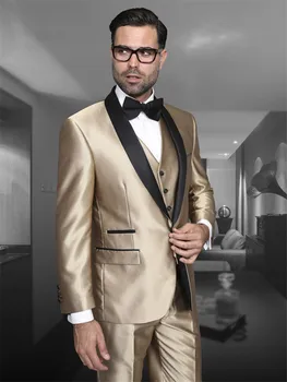 Arany szatén férfiak 3 részes vőlegény esküvői öltöny 2023 Új divat férfiak Luxus szatén esküvői bál formális szabású szmokingi