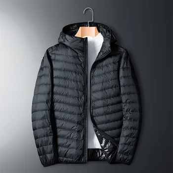 Téli férfi könnyű kabát kapucnis kabát cipzáras kültéri pufferdzseki meleg felsőruházat hosszú ujjú tömör parkas fekete