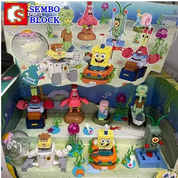 SEMBO BLOCK Spongyabob sorozat családi portré gyermekjátékok Patrick Star Sheldon J. Plankton modell Kawaii karácsonyi ajándék