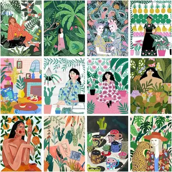 KÍNISZTIKUS Festék szám szerint Dzsungel lány Kézzel festett Festés Rajz vászonra DIY képek számok szerint Zöld készletek Lakberendezés