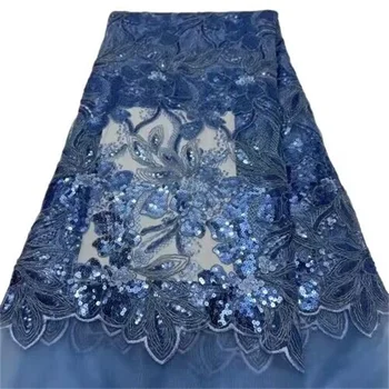 afrikai csipkeszövet 2023 kék Kiváló minőségű nigériai csipkeszövet 5 yard francia flitteres csipke esküvői ruhához