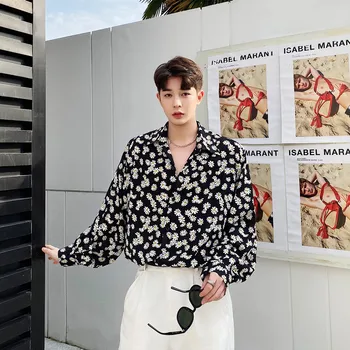 Tavasz Ősz Korea Elegáns ingek Férfi divat nyomtatott hosszú ujjú ingek Férfi laza alkalmi szép blúzok Top Férfi Divat A37