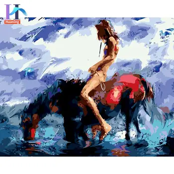 Huaning Festészet számok szerint Kézzel festett Nő lovaglás Figura Kép szám szerint készletek DIY vászonra keretezve Otthoni falművészet