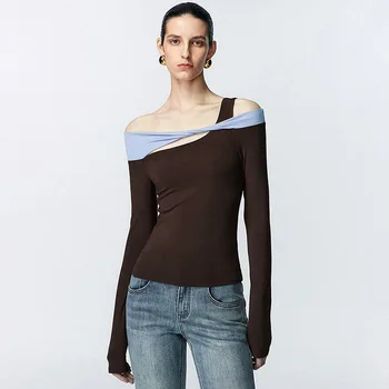 2000-es évek Y2K felsők Aszimmetrikus patchwork Egyvállas hosszú ujjú póló nőknek Tavaszi őszi ruházat Vintage barna pólók