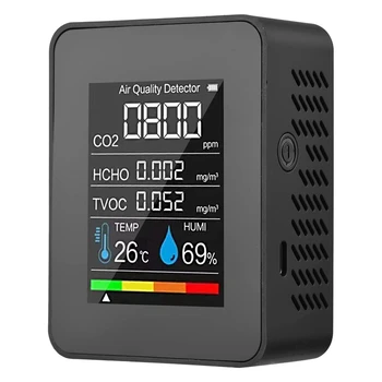 5 az 1-ben Levegőminőség-figyelő TVOC HCHO hőmérséklet-páratartalom CO2-mérő, USB újratölthető CO2-érzékelő fekete