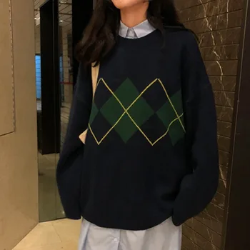 Sigutan Ősz Új nők Kötött pulóver Divat Túlméretezett pulóverek Hölgyek Laza Koreai Főiskolai Stílusú Női pulóver Kockás pulóverek