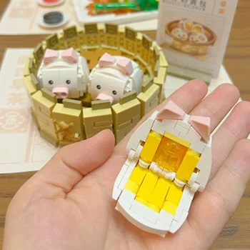 3D modell DIY mini blokkok Építőelemek Reggeli tea Dim sum Sertéstej tojás párolt töltött zsemle Játék gyerekeknek