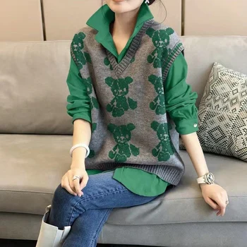Őszi téli laza alkalmi divat nyomtatás pulóvermellény zöld ing szett női ujjatlan kötés pulóver tartály felső blúz öltöny
