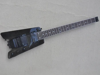  fekete fej nélküli elektromos gitár láng juhar furnérral, 24 frets, testreszabott logó / szín kapható