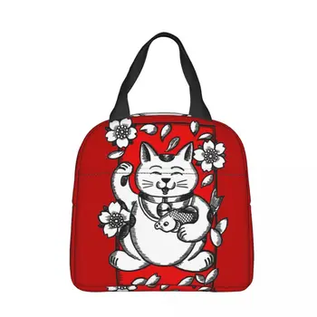 Aranyos Maneki Neko macska Lucky Cat szigetelt uzsonnás táskák Nagy ebédtároló Hőtáska Tote uzsonnás doboz Piknik élelmiszer-tároló táskák