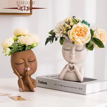  cserép dekoratív virágcserepek északi stílusú arc fej edény zamatos edény növényi váza gyanta figura kerti dekoráció asztali dísz