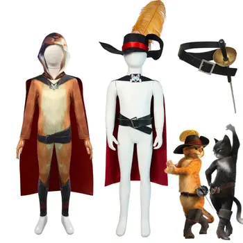 Csizmás kandúr Kard cosplay jelmez Macska jelmez gyerekeknek Köpeny kalap Jumpsuit Fantasia Outfit Halloween álcázó ruha gyerekeknek