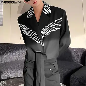 2023 Férfi blézer hajtóka hosszú ujjú patchwork streetwear gomb alkalmi öltönyök koreai stílusú divat férfi crop kabátok S-5XL INCERUN